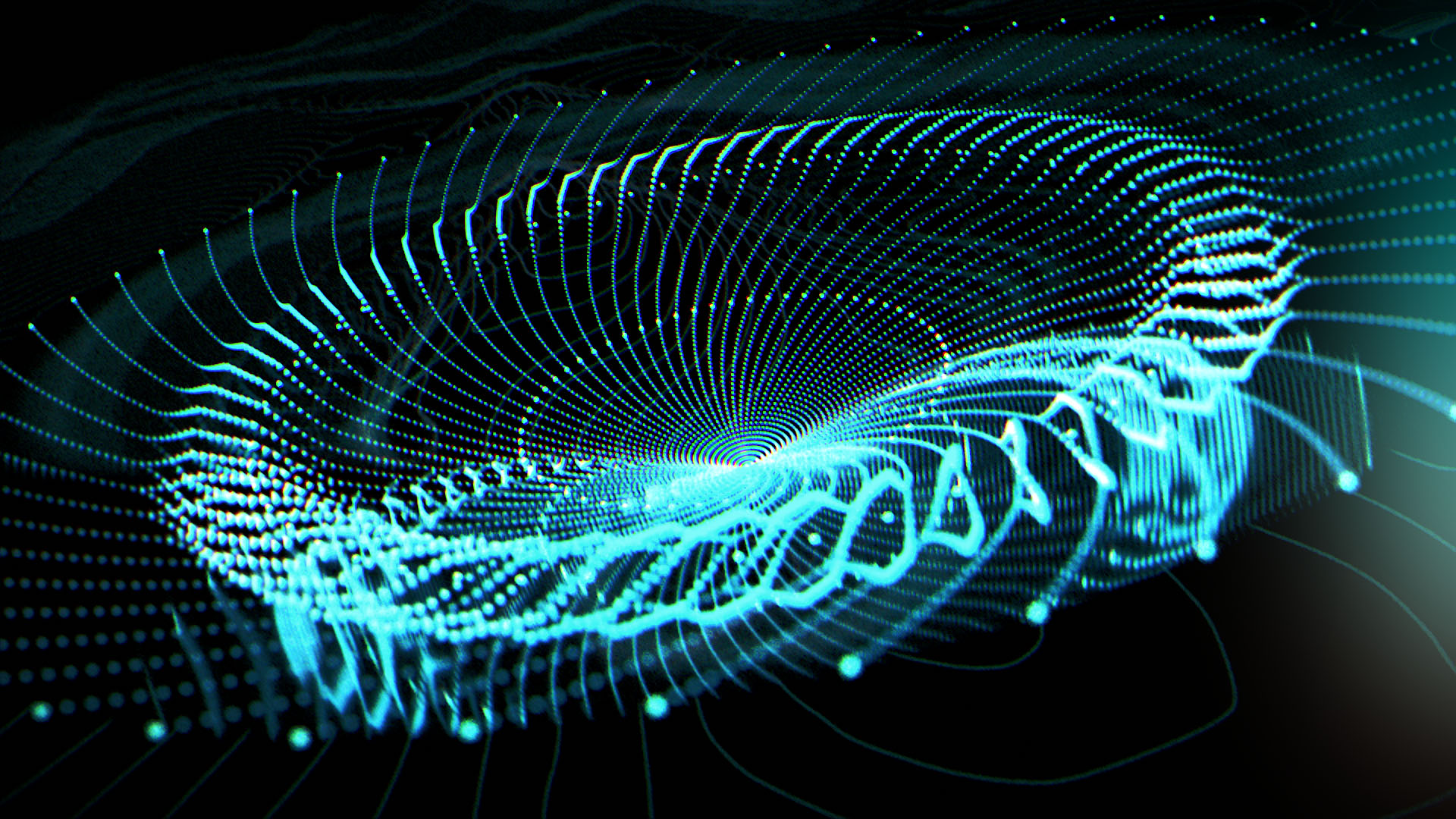 A look-development concept frame showing a complex, circular vortex of glowing blue audio particle lines curving inward against a dark blue background field.