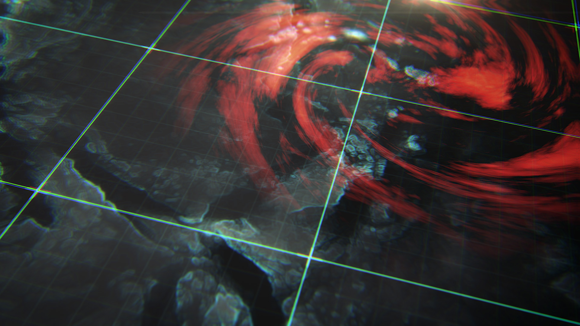 A low-angle look-development style frame for Battlefield 2042 showing a bright green coordinate grid overlaying a dark blue satellite terrain map with sweeping red vortex patterns.