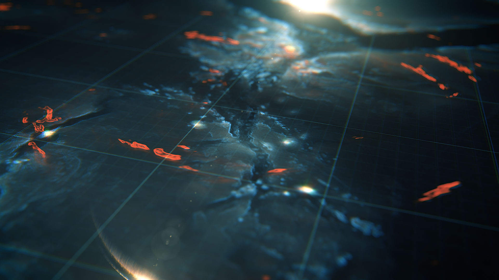 A high-angle look-development style frame showing a dark, low-lit tactical map grid system with subtle orange hotspots dotting a craggy dark blue landscape under a shallow depth of field.