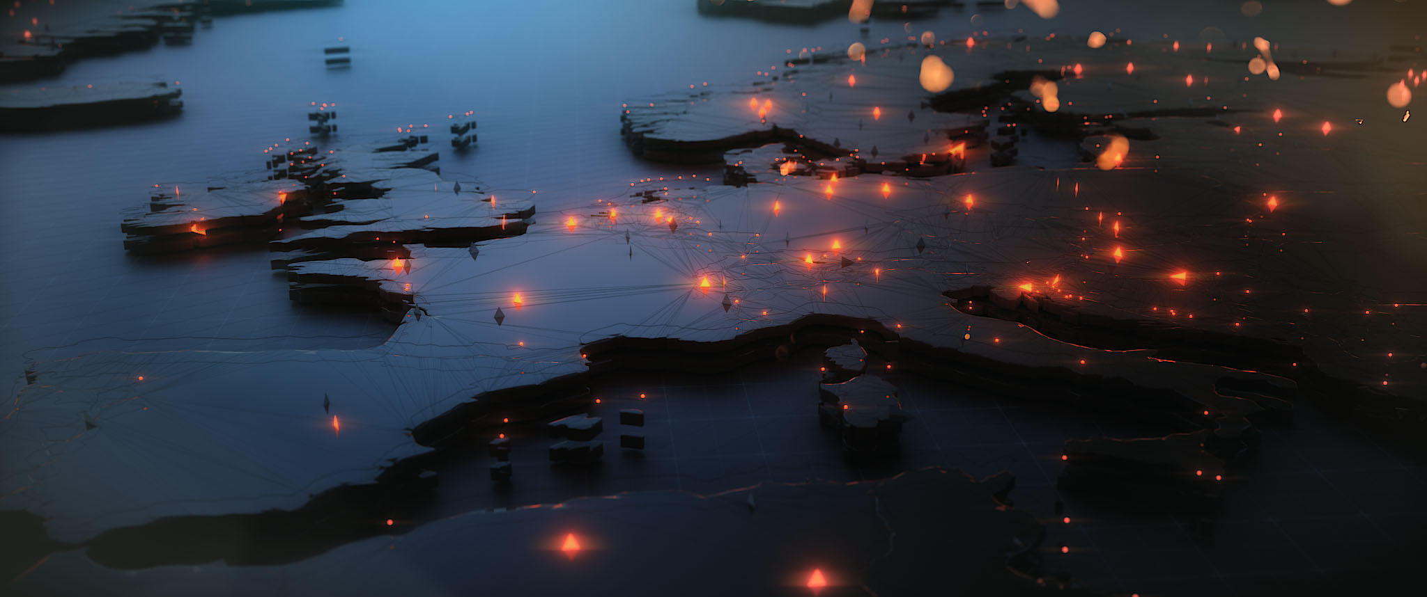 An abstract user interface design concept featuring a luminous blue particle grid landscape and wireframe tactical structures, intersected by dynamic orange data paths.