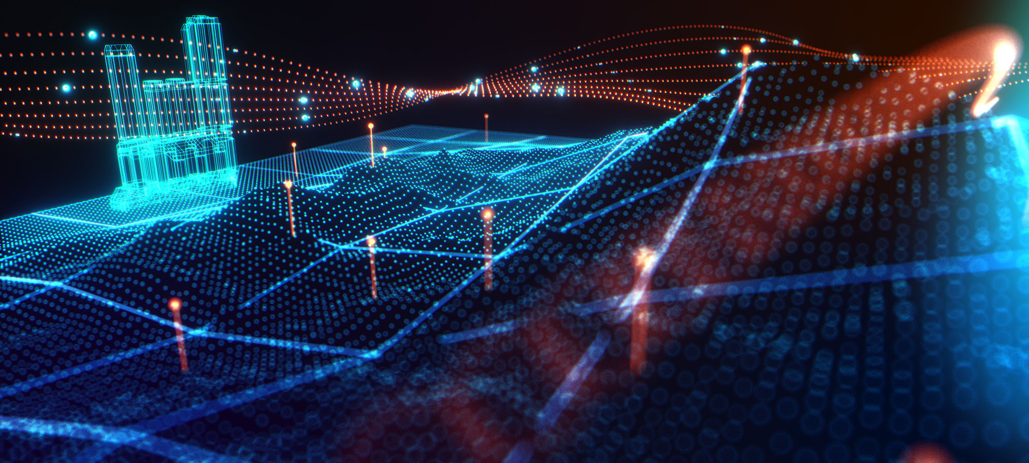 A cinematic style frame showcasing a 3D digital landscape hologram with a teal particle mesh terrain, wireframe architectural structures, and sweeping orange data waves.