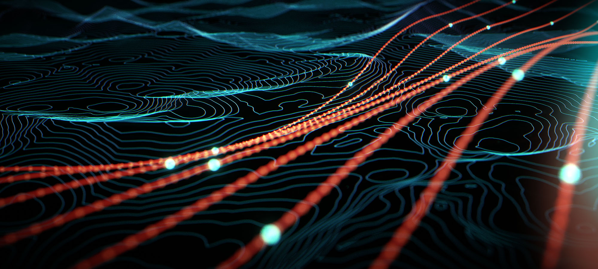 An abstract look-development frame showing glowing teal topographic contour lines stretching across a dark grid, intersected by vibrant orange particle data streams with illuminated nodes.