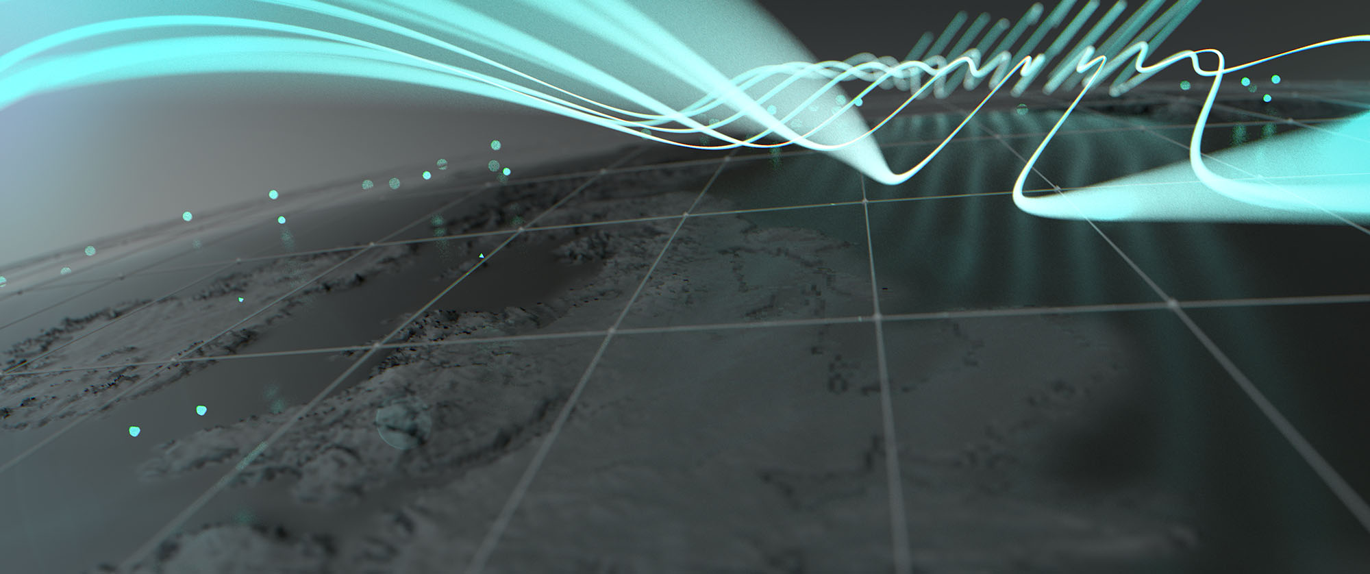 A low-angle look-development style frame showing a dark, gridded topographic map terrain overlaid with glowing, flowing teal ribbon data paths and subtle anchor points.