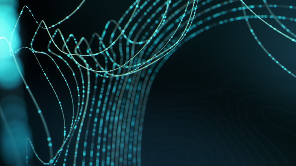 An abstract user interface style frame for Battlefield 2042 featuring glowing teal data streams and particle waves curving across a dark blue background.