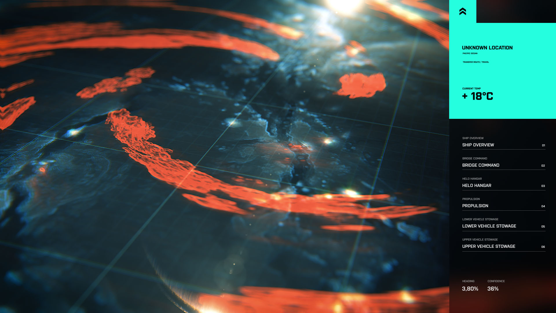 A game interface layout displaying location data, temperature readouts, and a list of ship systems inside a bright teal sidebar block next to an orange and blue topographic data map.