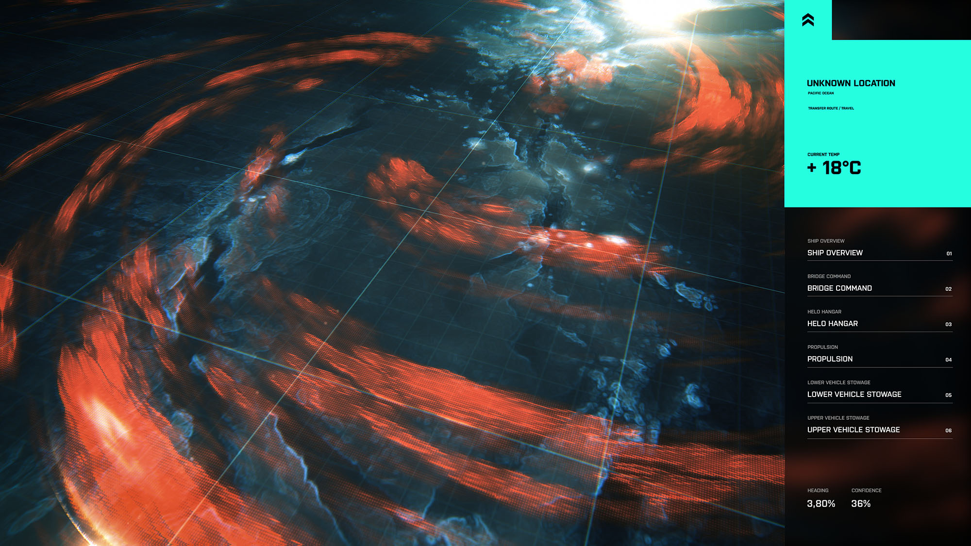 A game interface mockup displaying location coordinates and temperature data inside a bright teal panel block, positioned next to a satellite view map with sweeping, vibrant orange heat map tracks.