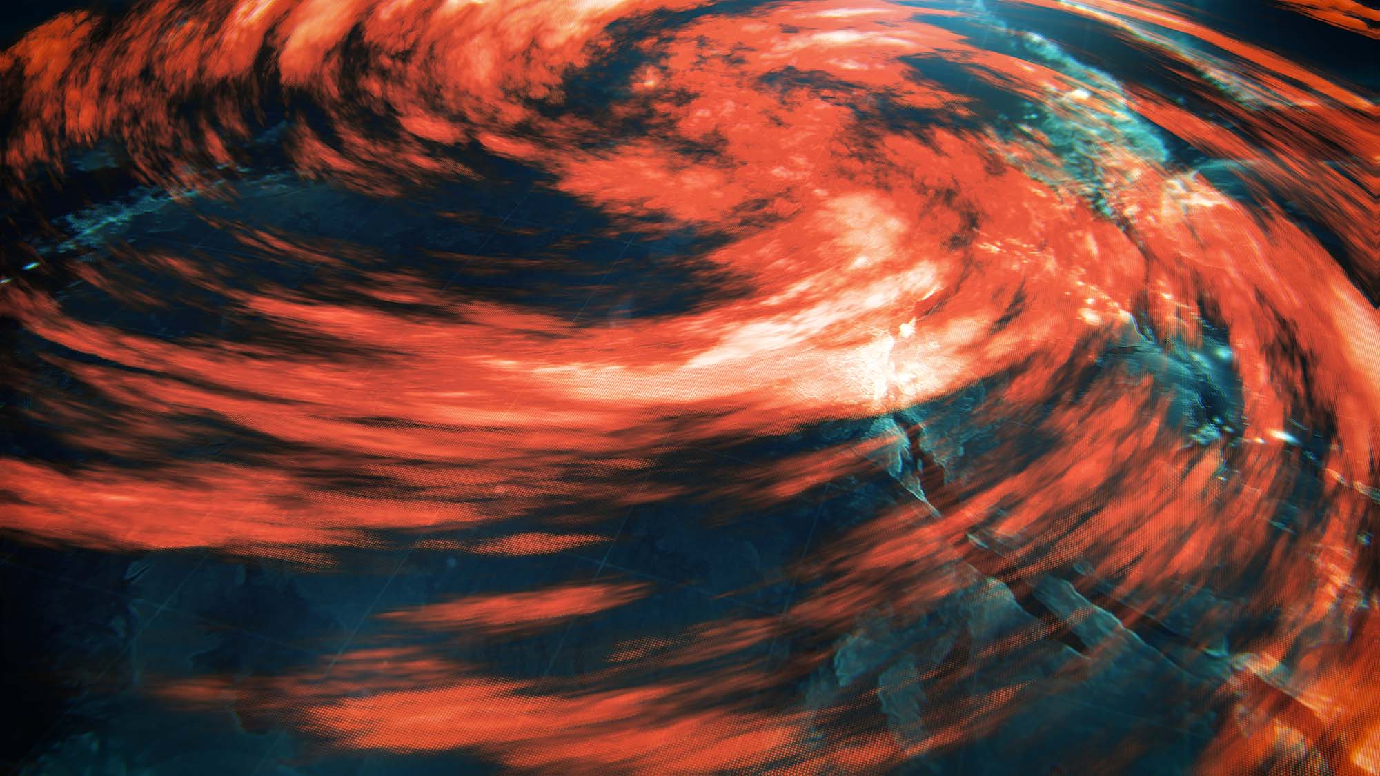 A game interface mockup displaying location coordinates and temperature data inside a bright teal panel block, positioned next to a satellite view map with sweeping, vibrant orange heat map tracks.