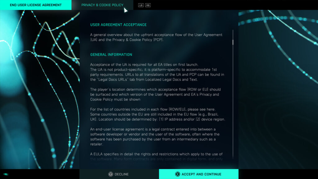 A menu interface design concept for the Battlefield 2042 end user license agreement screen, showing blocks of technical legal text aligned next to a bright teal particle stream.
