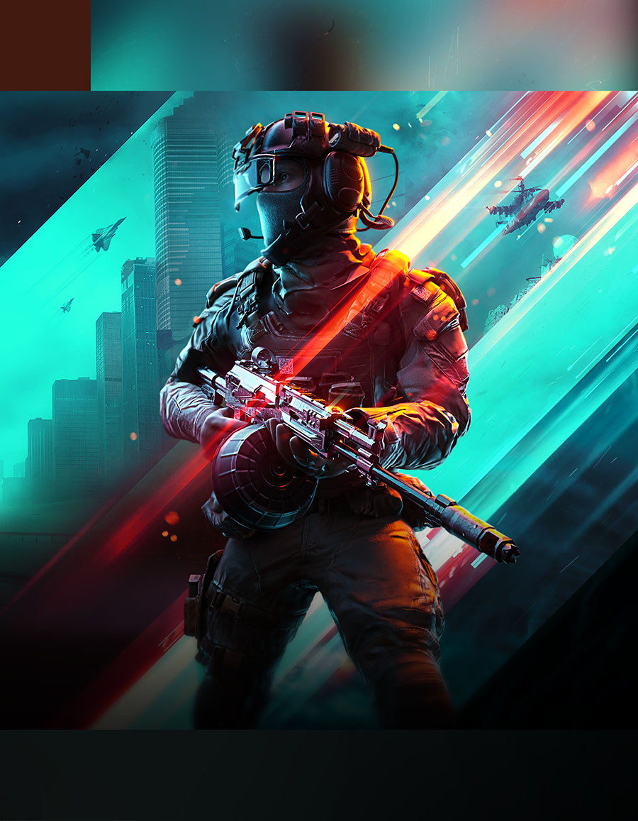 A close-up tactical profile illustration of a specialist soldier holding an assault rifle, featuring vivid neon teal backlighting contrasted with dynamic, aggressive orange and red graphic streaks.
