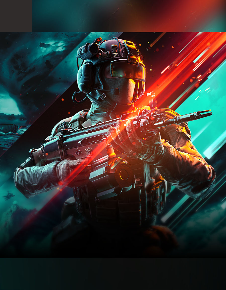 A striking mid-shot 3D character composition of a combat-ready tactical soldier set against an urban skyscraper backdrop, framed by energetic diagonal light vectors in high-contrast cyan and crimson.