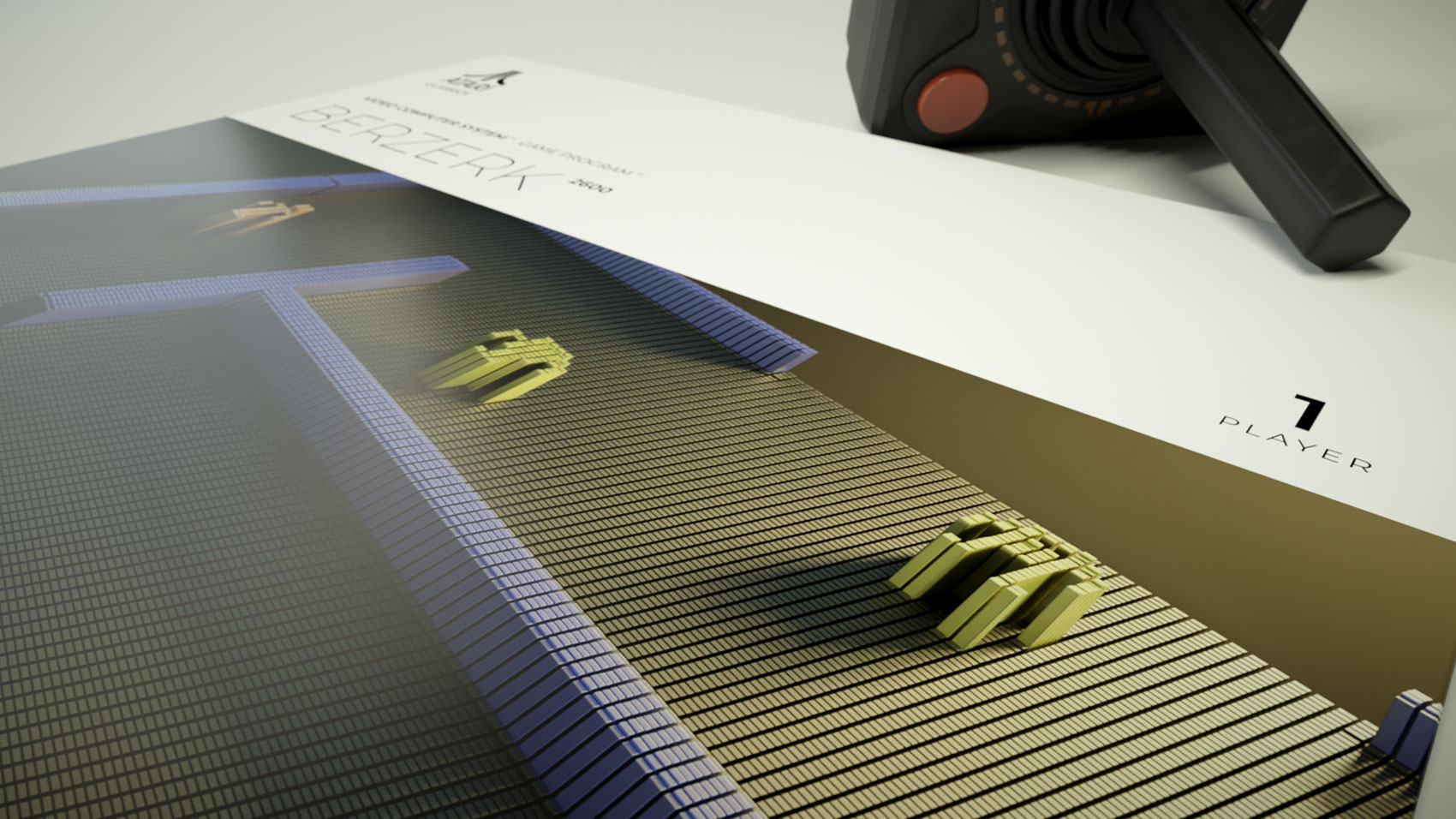 A low-angle macro close-up render of the Berzerk artwork, showcasing the technical depth of the extruded blue 3D block walls and the individual grid rows forming pixelated green robot sprites beneath an overhead studio light source.