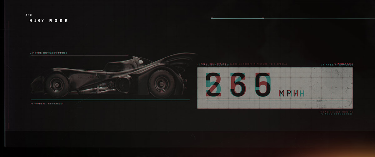 A dark user interface style frame showing a side orthographic view of the 3D Batmobile model alongside a 265 KM/H digital display and a placeholder cast credit layout.