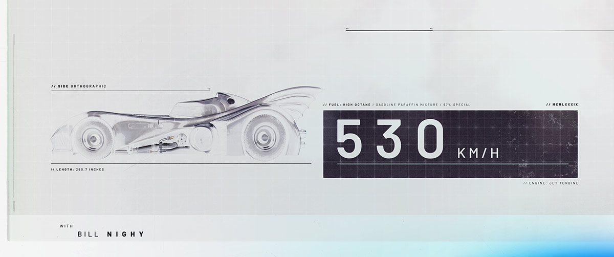 A high-key white user interface style frame featuring a clean blueprint-style render of the Batmobile bodywork, a 530 KM/H readout, and a placeholder cast credit text block.