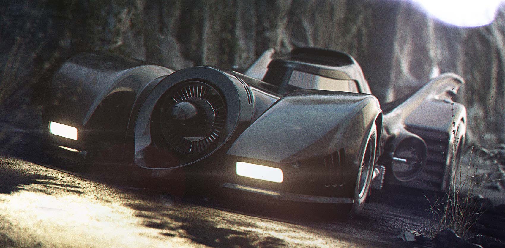 A low-angle dramatic render of the 1989 Batmobile navigating a rugged, dusty cliffside pass with glowing headlights, featuring realistic atmospheric dust, ground debris, and filmic lens flare effects.