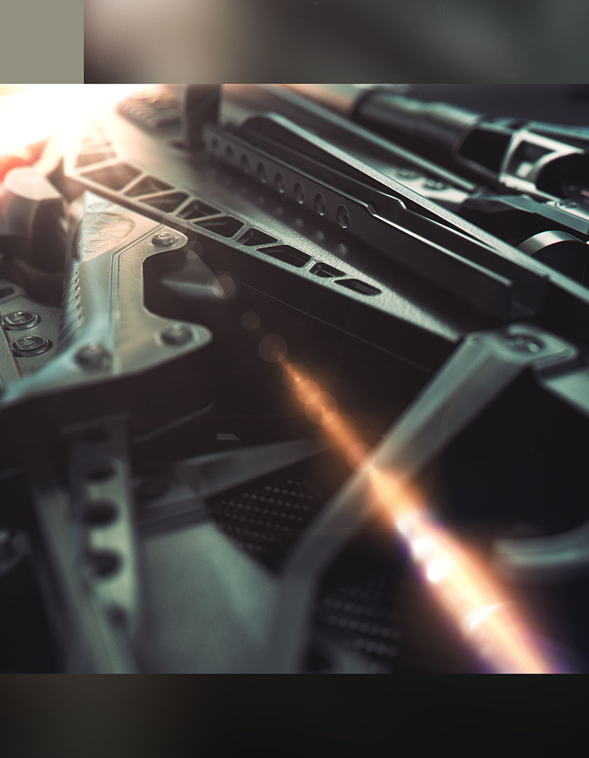An extreme macro close-up detailing the mechanical carbon-fibre bow limbs and loaded bolt tension track of a tactical crossbow, featuring high-contrast orange lens flare accents.