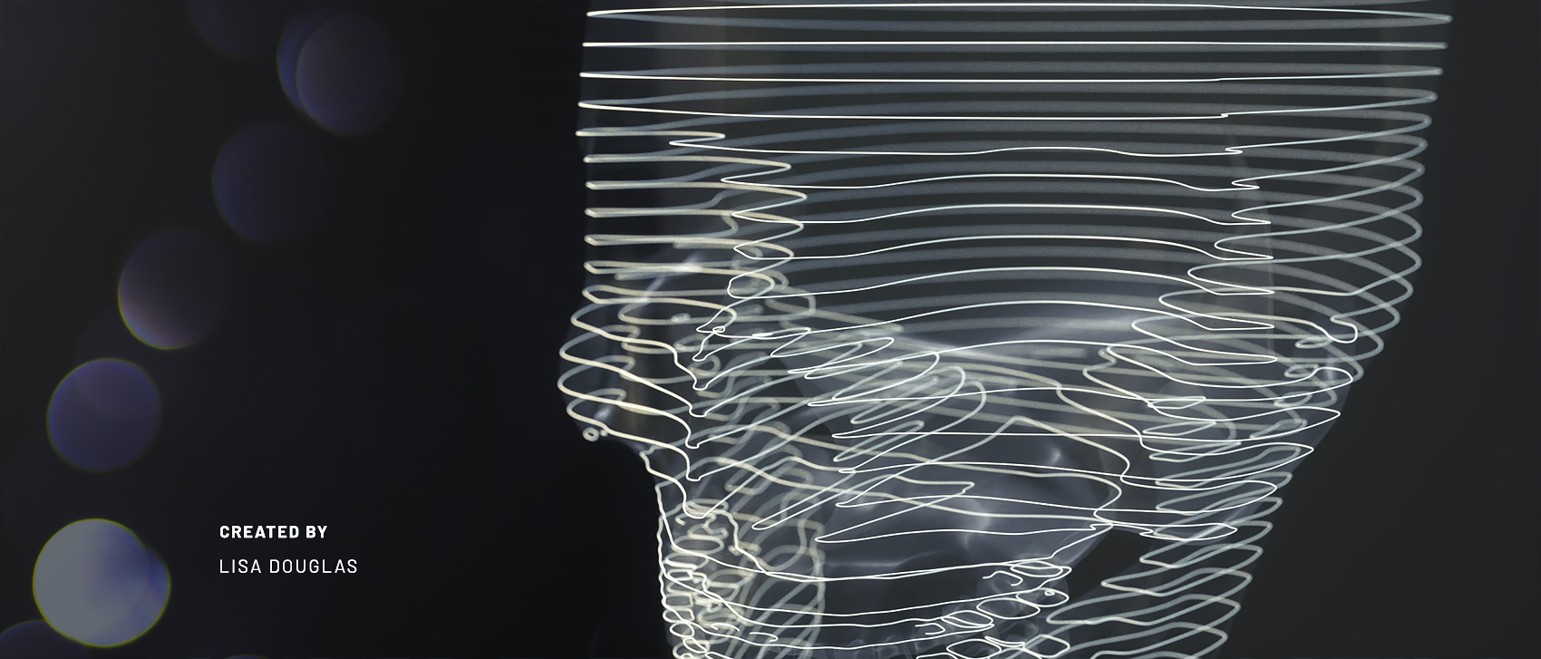 A striking style frame showing a human head structure formed by clean, stacked concentric horizontal vector lines on a black canvas, paired with a diagonal trail of soft, out-of-focus bokeh lens circles drifting up the left side of the composition.
