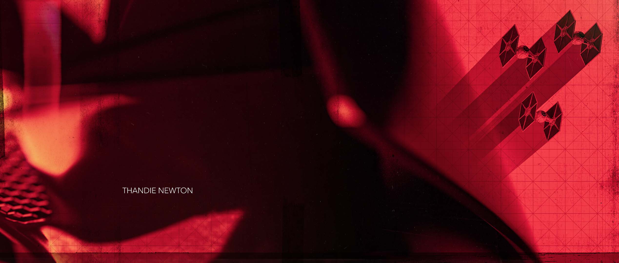 A red-tinted title frame displaying a sharp side profile silhouette of Darth Vader's helmet on the left, intersected by a graphic trio of micro TIE Fighters leaving red trailing streaks across a technical grid matrix.