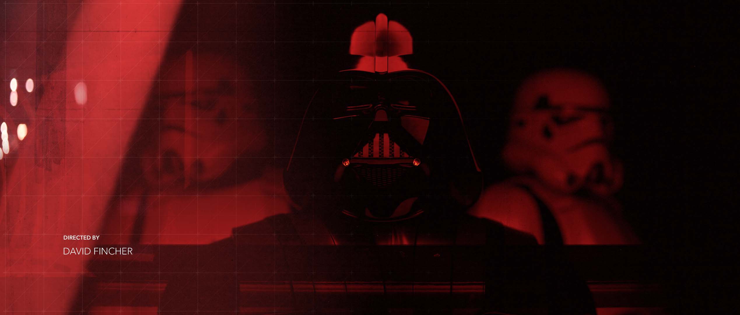 A structured style frame with a shallow depth of field focusing on a central 3D render of Darth Vader's helmet, flanked by two softly out-of-focus Stormtroopers under dramatic red lighting.