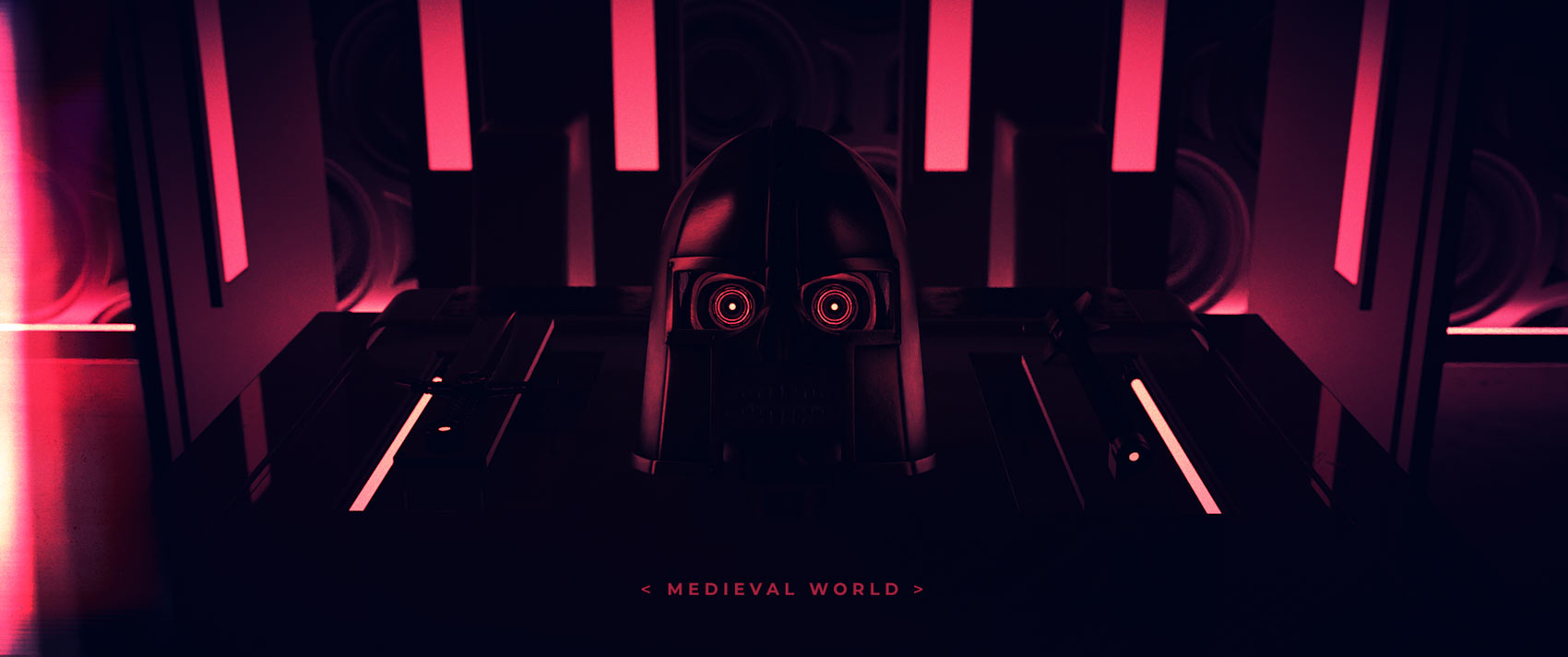 A low-key, dark style frame showing the same symmetrical layout transitioned into an emergency state, with vertical wall strips glowing a deep red and casting dark shadows across the entire scene.
