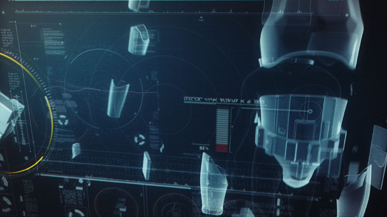 A technical macro close-up frame showing detached 3D Stormtrooper leg and torso armour panels drifting apart, tracked by fine line vectors and digital scan meters.