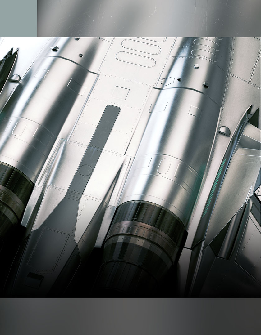 An extreme macro portfolio close-up focusing on the metallic plating, panel lines, and dual engine thrusters of a military jet, emphasizing realistic texture work and hard-surface shading.