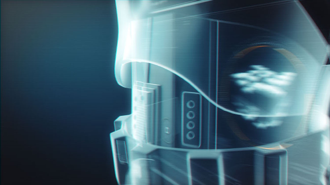 A kinetic close-up frame showing an abstract data graphic spinning fast across a Stormtrooper's abdominal plating, styled with heavy motion blur and horizontal digital scan lines.