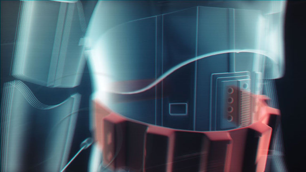 A dynamic close-up animation frame with heavy motion blur tracking across a series of bright crimson utility pouches, overlaid with fine digital measuring nodes.