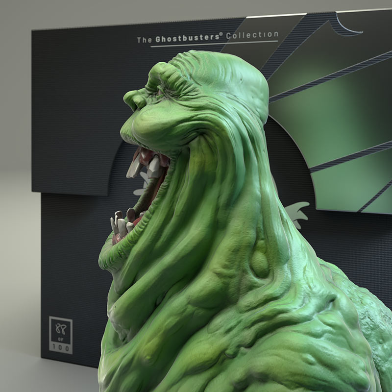 A side profile close-up of the green Slimer character model, displaying the sculpted fat rolls and facial contours against the background packaging box.