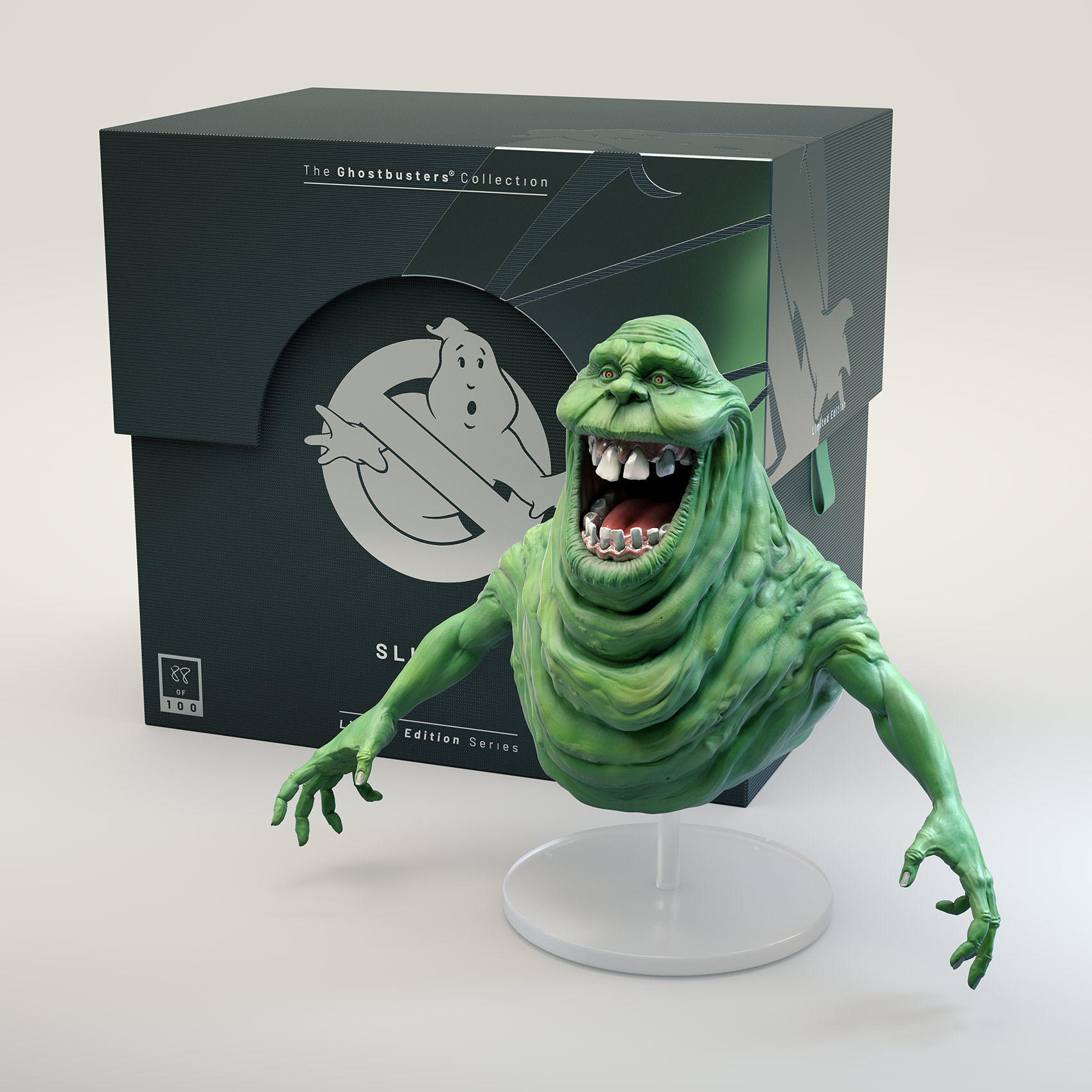 A 3D product concept layout showing a green Slimer vinyl toy figure on a display stand positioned in front of a matte black custom collectible box featuring the Ghostbusters logo.