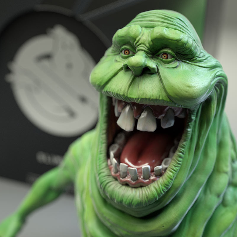 A tight macro portrait render of the Slimer figure's face, showing subsurface scattering skin shaders, teeth detailing, and realistic lighting focus.