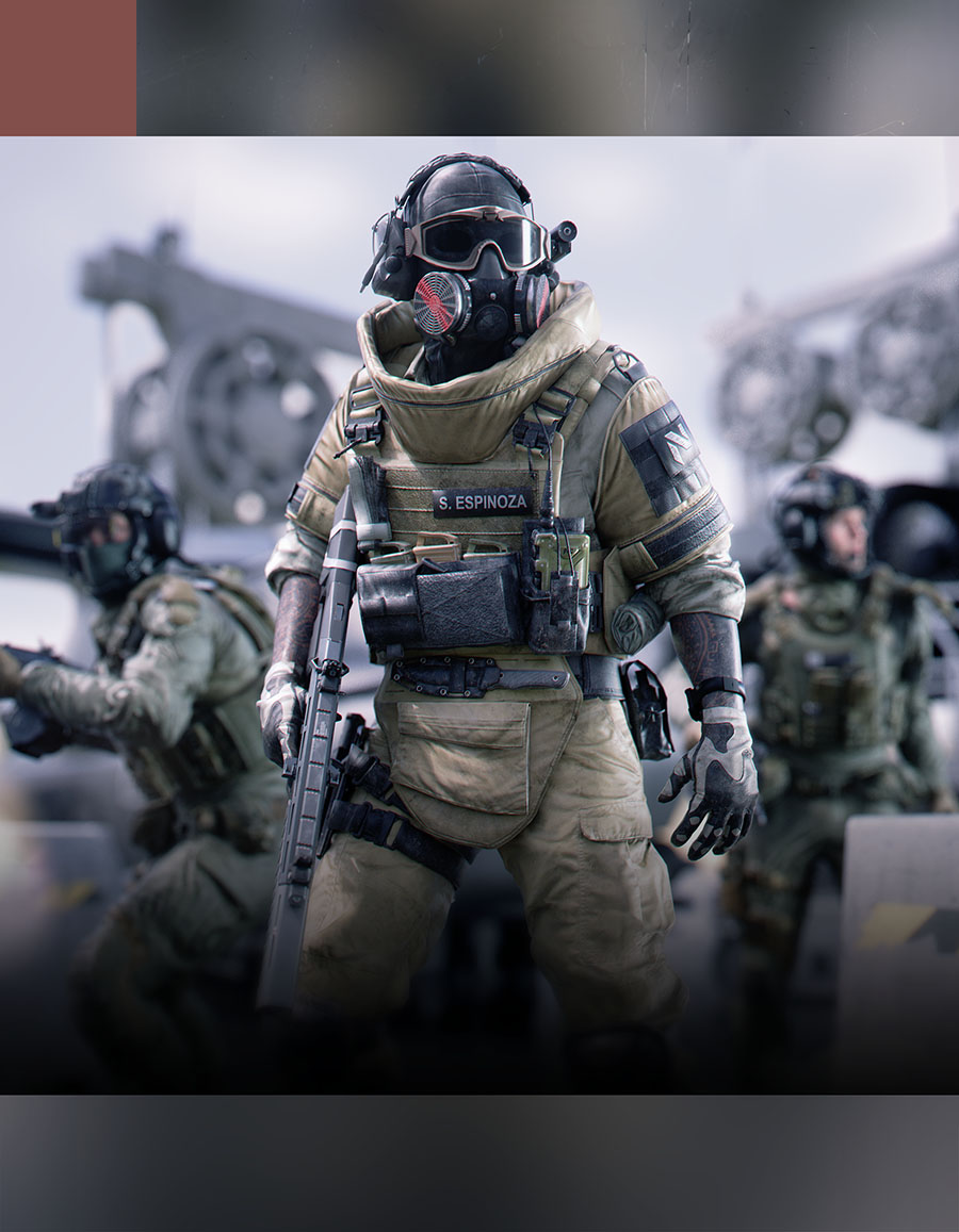 A front-facing 3D character composition showcasing a combat engineer in full EOD explosive ordnance disposal tactical gear, including a gas mask, visor, and tan protective collar setup.