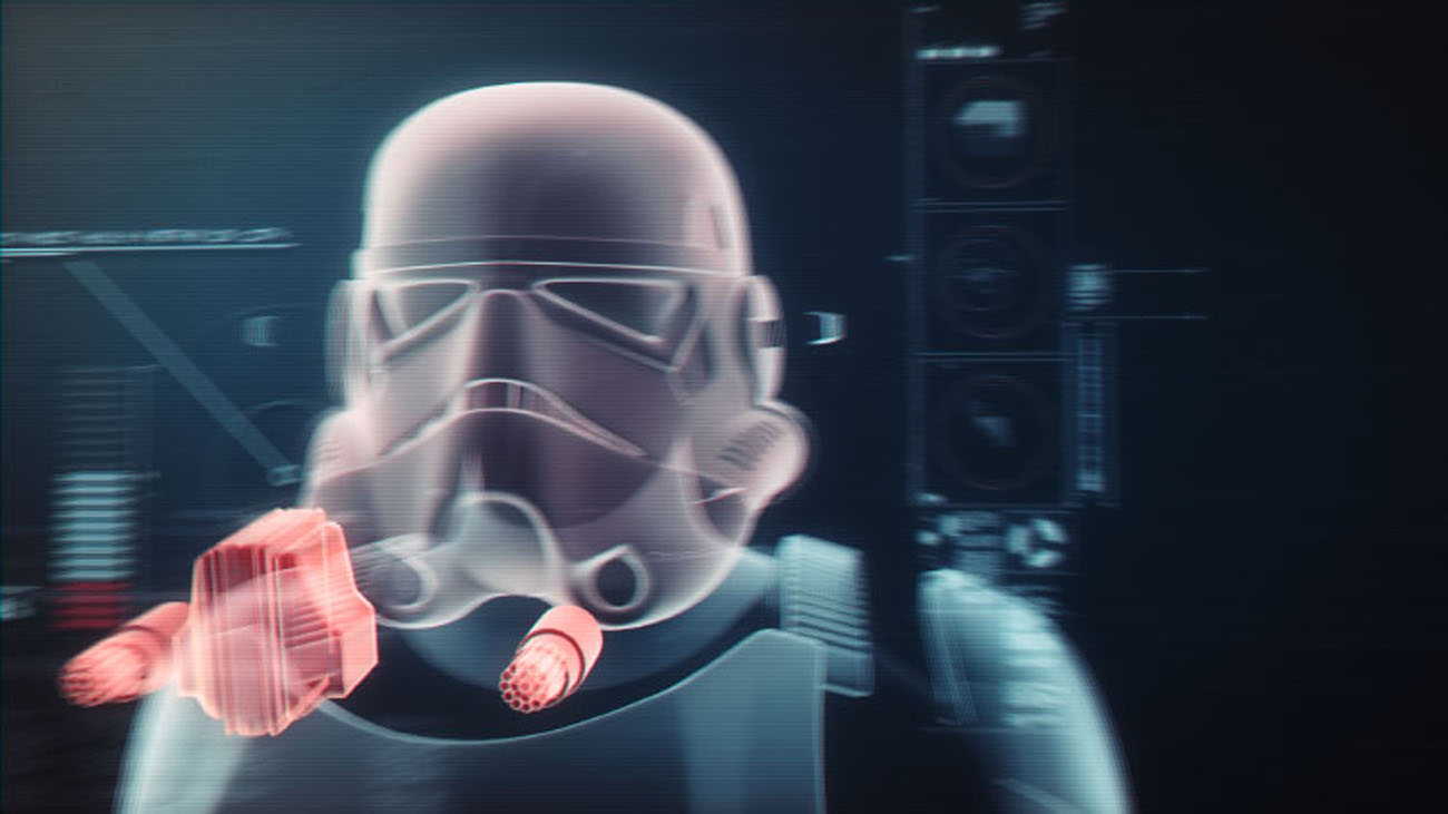 A front-facing cinematic style frame of a Stormtrooper helmet shifting focus, with floating orange mouth filter telemetry elements rendered sharply in the foreground against a softly blurred HUD backdrop.