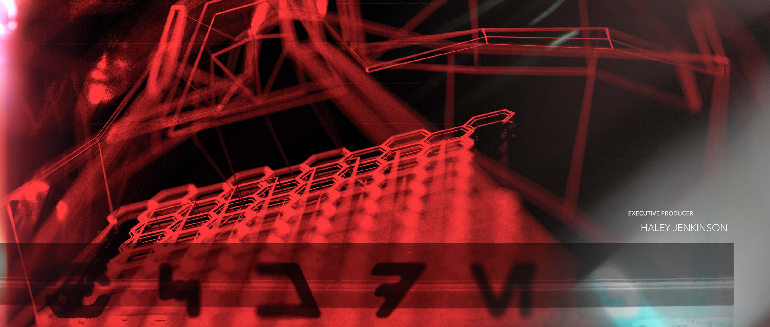 An abstract cinematic look-development frame showing a glowing red wireframe console grid and honeycomb patterns reminiscent of a Death Star terminal, overlaid with dark blurred text and clean graphic lines.