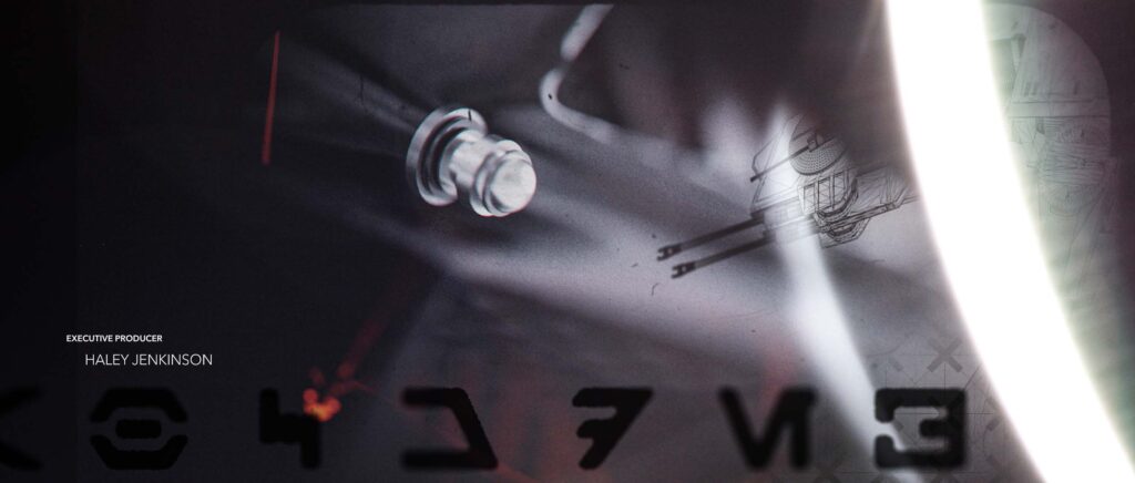 A dark, moody style frame highlighting a small 3D mechanical cylinder detail alongside technical wireframe line art, featuring a bright vertical anamorphic light flare and bold black Aurebesh typography across the bottom.