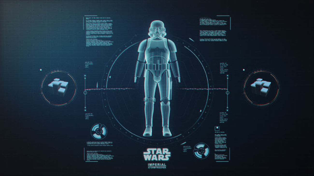 A wide-angle variation of the full-body diagnostic screen, capturing the central glowing blue Stormtrooper asset flanked symmetrically by circular telemetry modules housing rotating 3D geometric shapes.