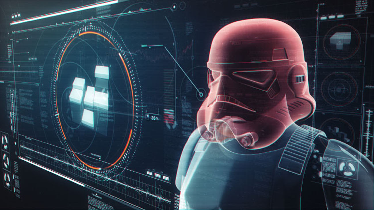 An angled look-development shot focusing on a 3D Stormtrooper model with its entire helmet assembly highlighted in a bright translucent red overlay, flanked by complex digital UI data feeds.