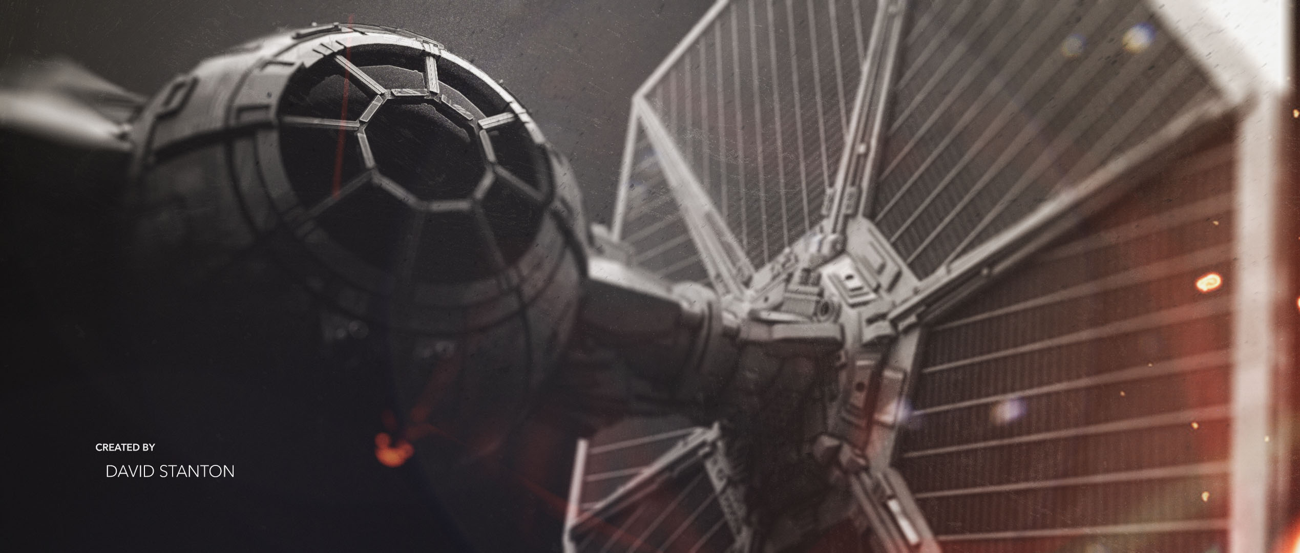 A dramatic, low-angle close-up 3D render of a TIE Fighter cockpit and solar array wing panel, showcasing a grainy, high-contrast monochrome aesthetic with subtle red engine embers and clean, minimalist title typography.
