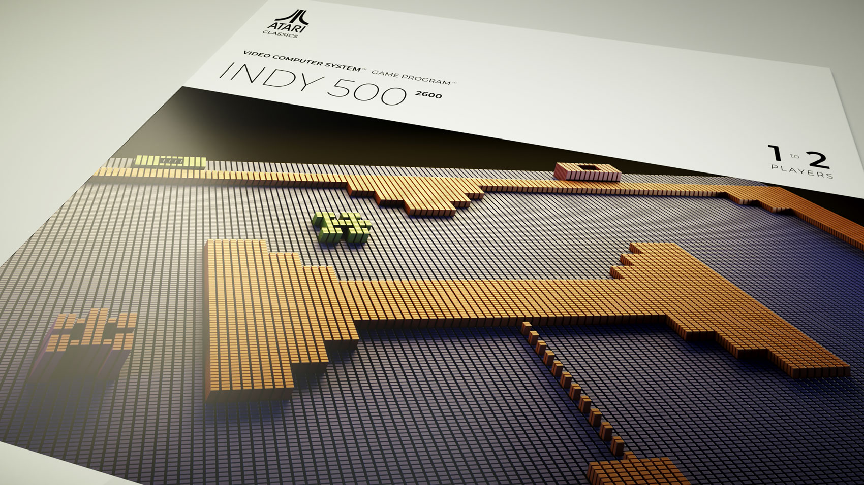 A low-angle close-up render focusing on the extruded 3D voxel grid of the Indy 500 track layout, highlighting the structural depth of the orange barriers, pixelated green terrain, and tiny 3D race cars on the grey grid matrix.