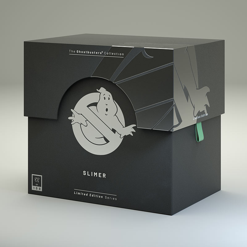 A material study render of the Slimer limited edition packaging design from a right-facing angle, highlighting the metallic silver graphic accents on the lid and the printed 'Limited Edition Series' typography.