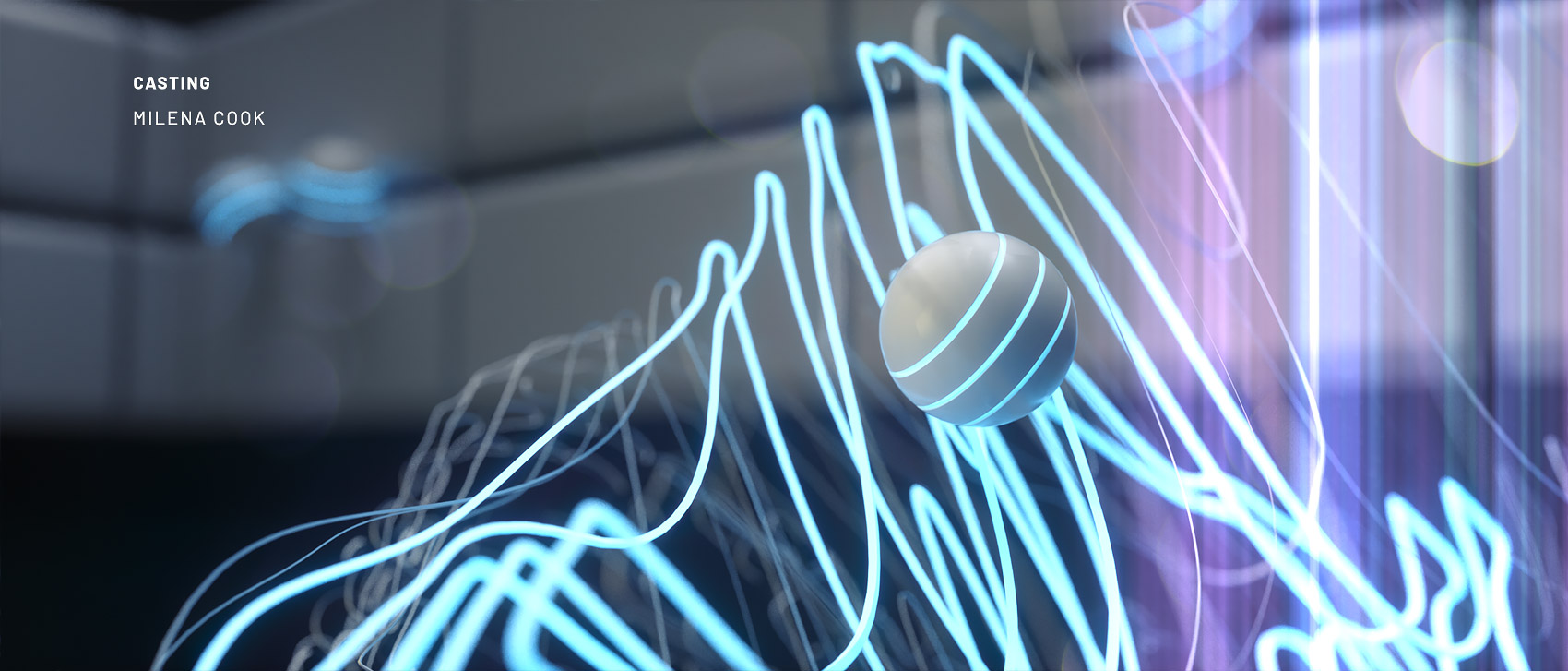 A cinematic style frame dominated by thick, looping ribbon splines glowing with intense neon blue light, weaving around a central metallic sphere inside a panelled, industrial sci-fi structural space.