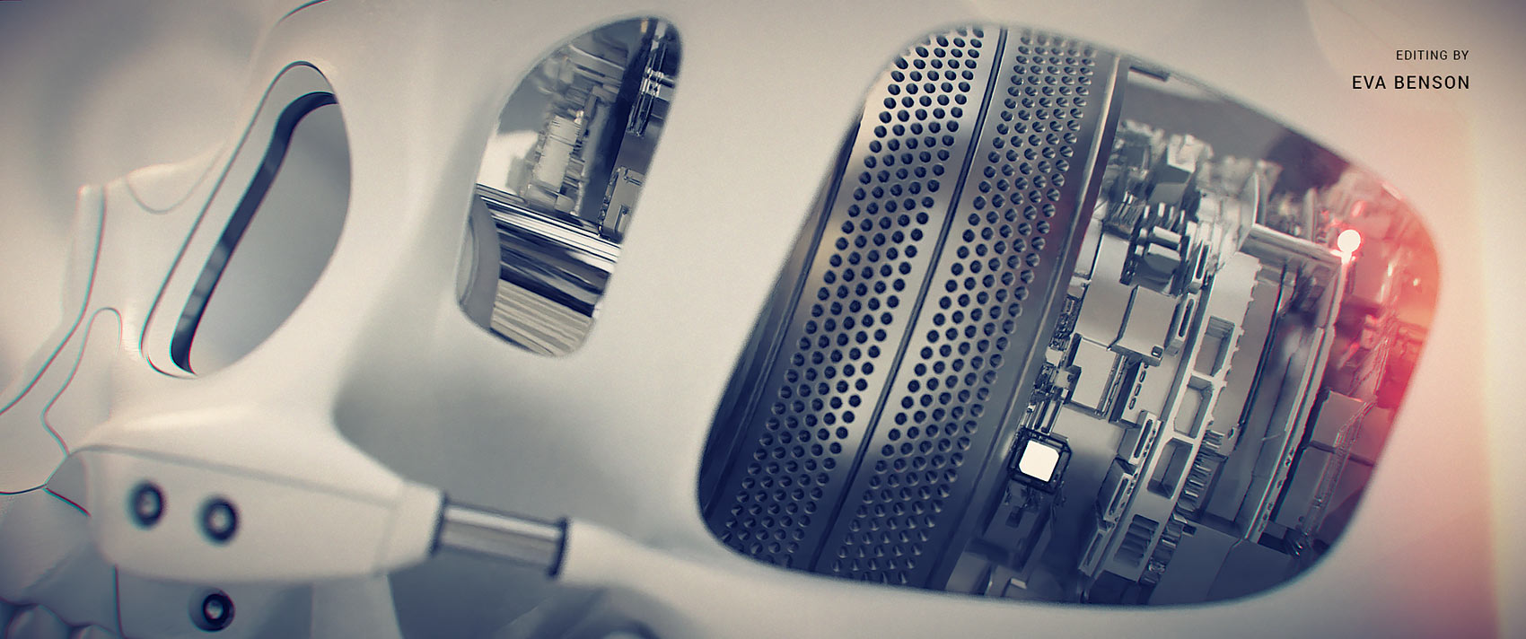 A close-up detail shot of the internal mechanical components inside a synthetic skull, showing perforated metal bands, circuit elements, and complex micro-machinery.