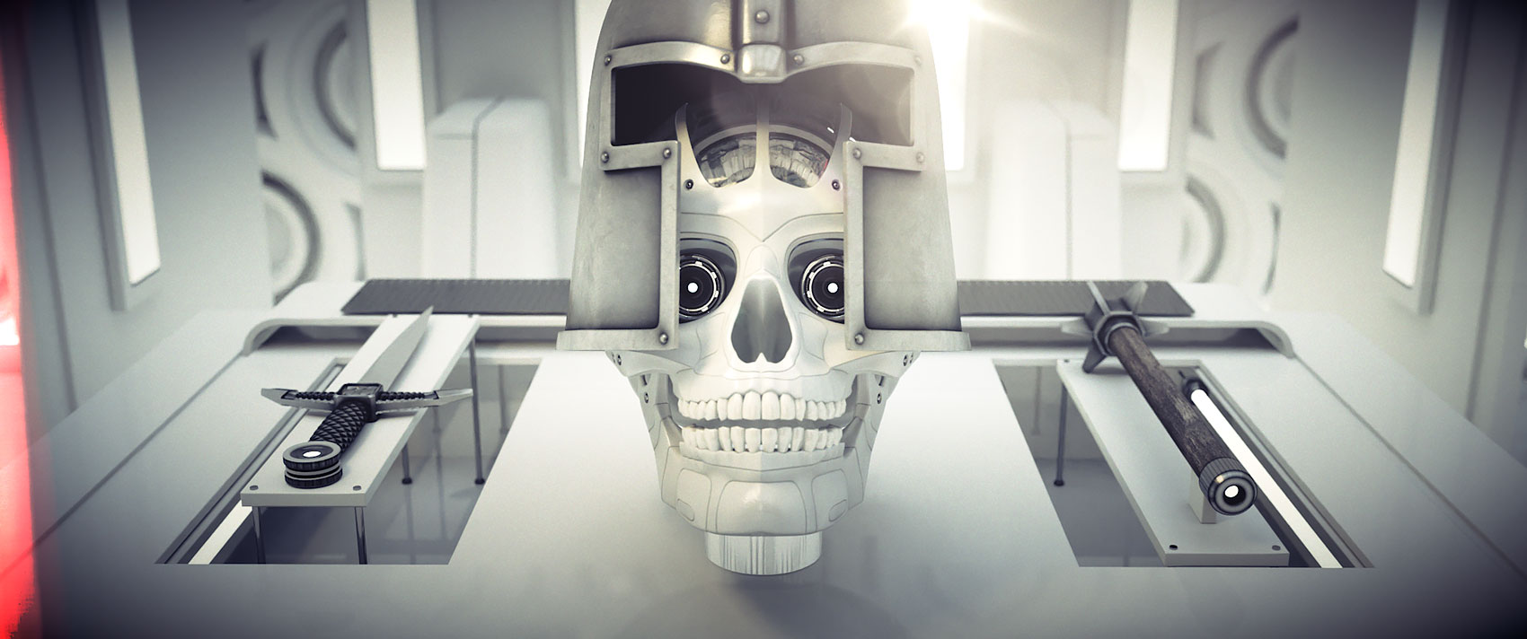 A symmetrical style frame showing the front sections of a metallic medieval helmet mechanical piece separate and lift upwards, revealing the full upper cranium structure of the synthetic skull underneath.