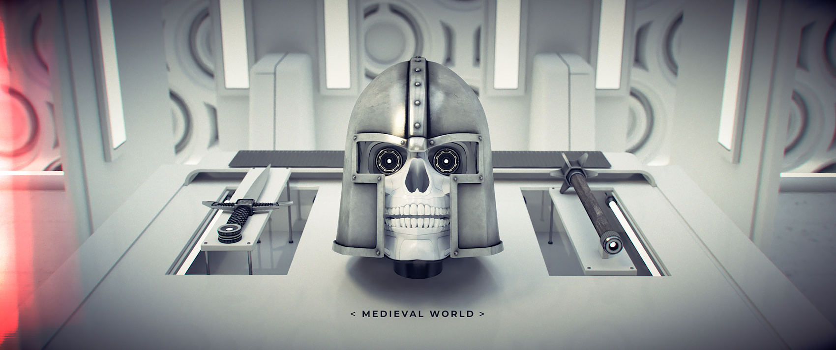 A symmetrical 3D composition showing a synthetic skull inside a metallic medieval helmet, centered on a white laboratory table with accompanying daggers and tools.