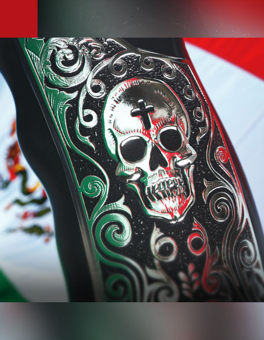 A custom weapon skin look-development render displaying a highly detailed, polished chrome skull engraving bordered by ornate filigree scrollwork over a green, white, and red backdrop.