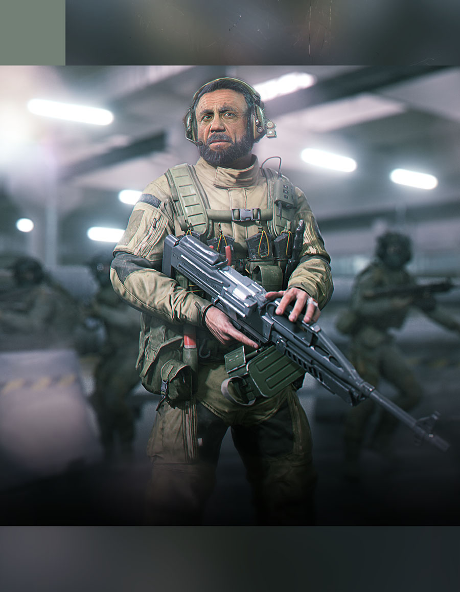 A grounded 3D render of a seasoned support soldier wearing a headset and holding a heavy light machine gun, staged inside a brightly lit industrial military hangar bay.