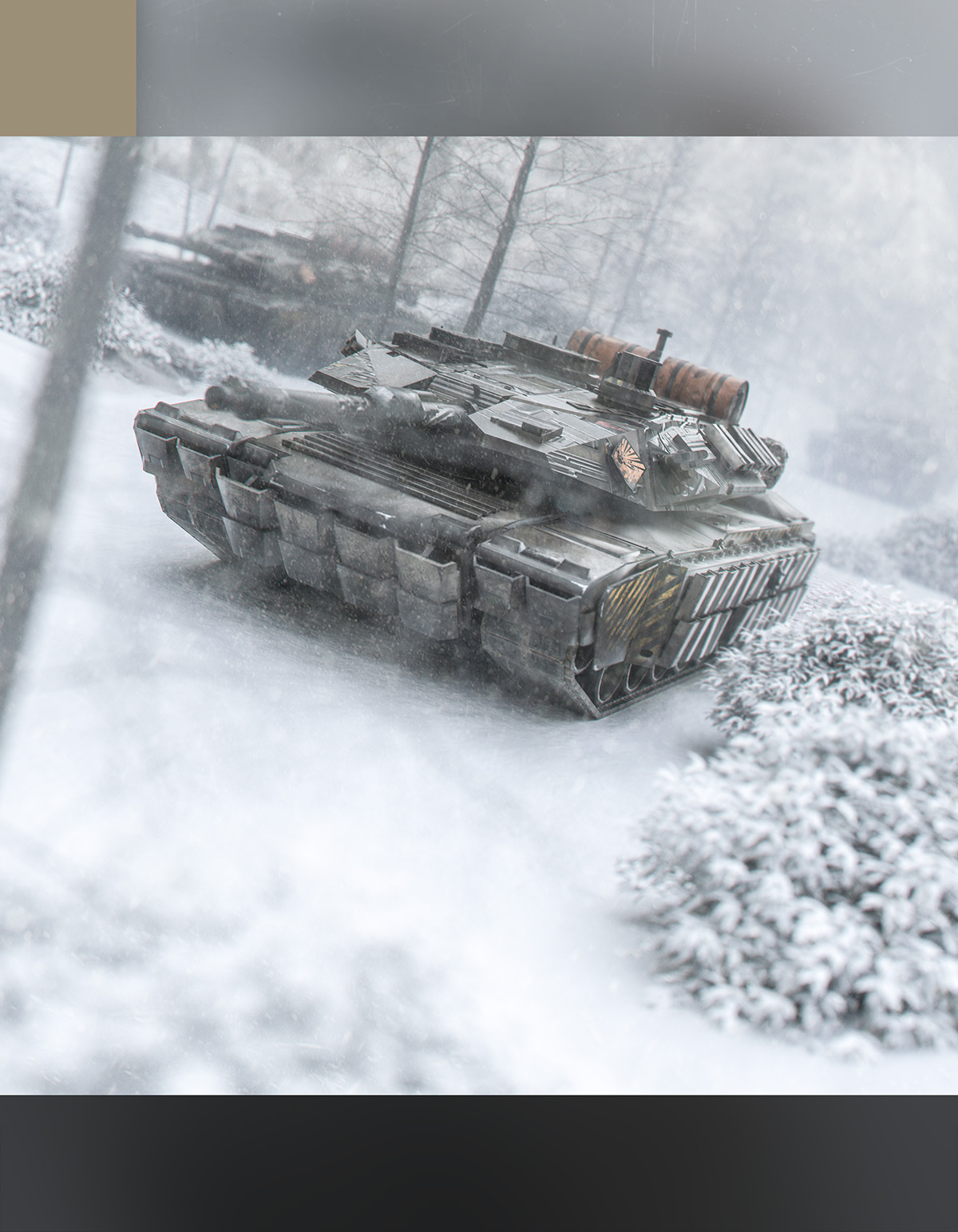 A cinematic 3D illustration of a heavy armoured tank positioned in a snowy winter pine forest environment, styled with dramatic camera focus and specific top and bottom layout zones reserved for blurred UI overlays.