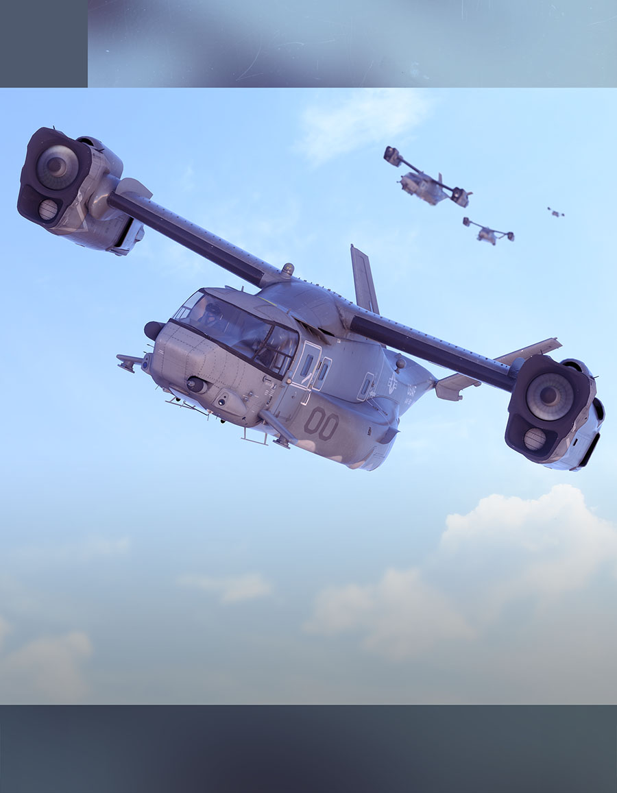 A low-angle 3D aviation render showcasing a futuristic grey military tiltrotor aircraft cruising through a bright, open blue sky alongside accompanying fleet transport vehicles.