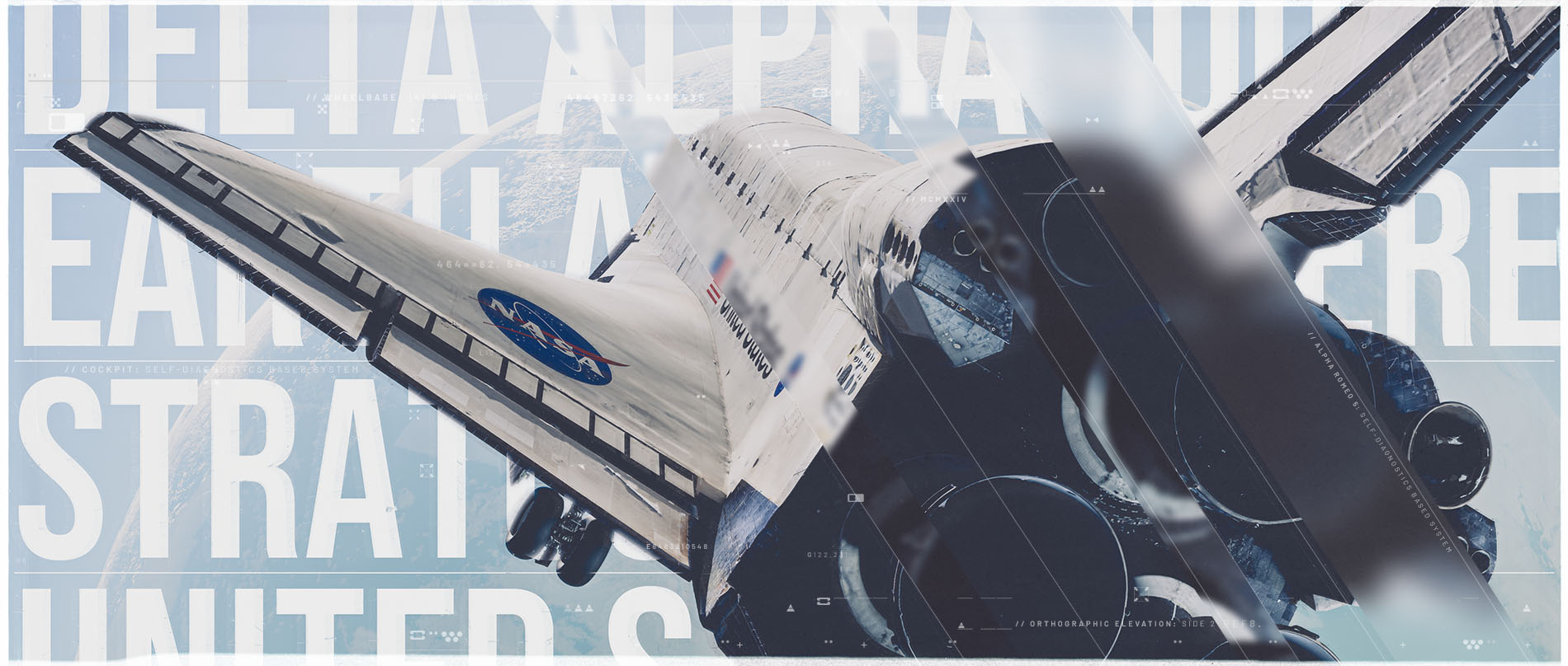 A multi-layered style frame showing the rear engines and wing of a 3D space shuttle asset, composited with large background typography and technical FUI graphic overlays.