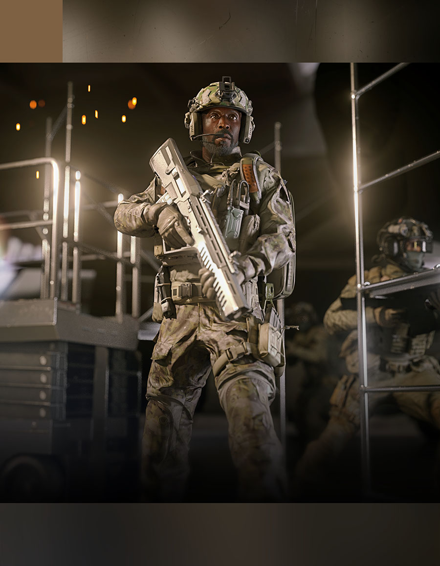 A dramatic low-angle 3D illustration of a combat specialist holding a modern bullpup rifle, framed against dark industrial scaffolding with warm, golden sparks flying in the distant background.