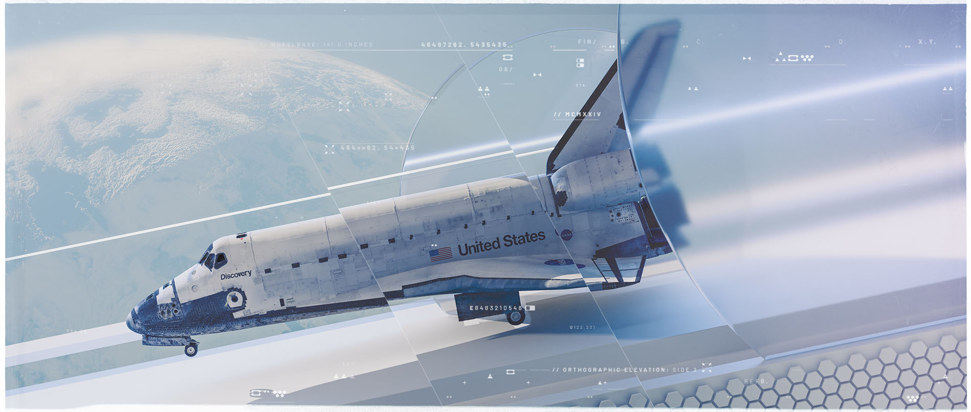 A side-profile style frame of a 3D space shuttle orbiting above Earth, integrated with horizontal graphic bars, lens streaks, and fine technical interface data lines.